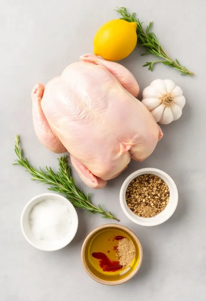 A neat flat lay collage of essential ingredients for roasting a chicken: a whole raw chicken, a lemon, a head of garlic, fresh rosemary, olive oil, and a small bowl of mixed seasoning (salt, pepper, garlic powder, paprika).