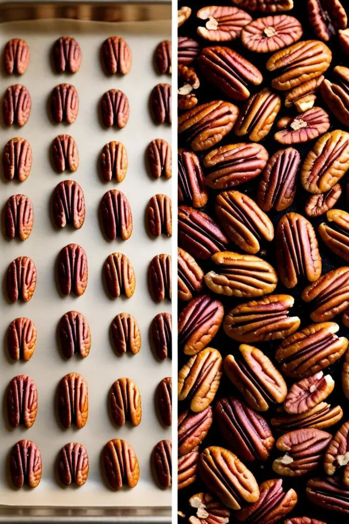 Before and after shot of pecans, from raw on a baking sheet to perfectly roasted.