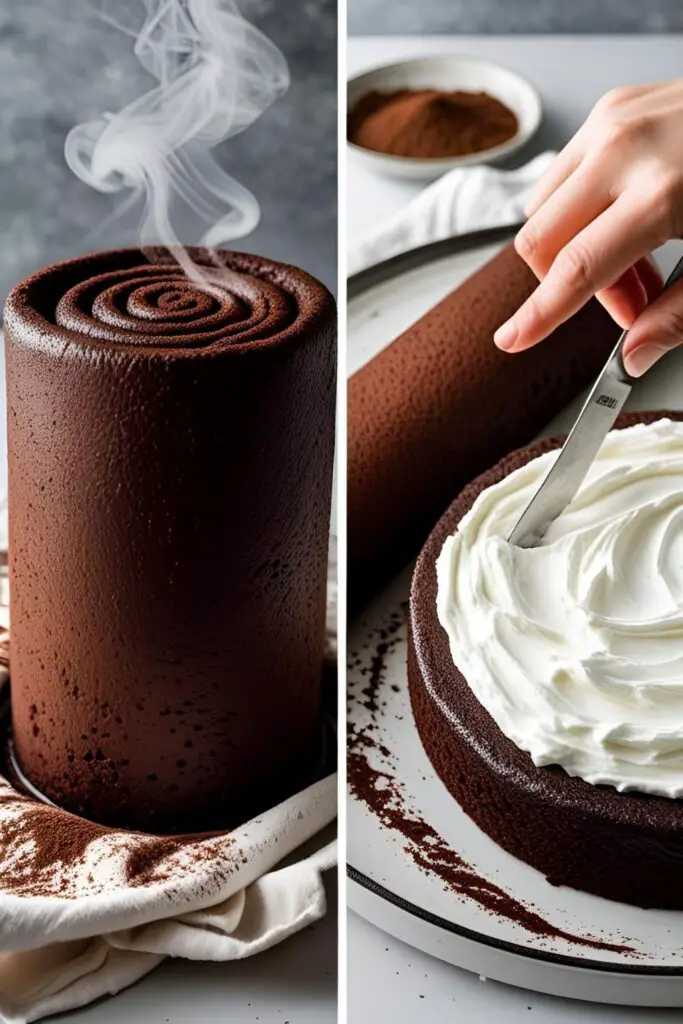 The process of rolling a hot sponge cake in a towel and filling it with cream to make a Swiss roll.