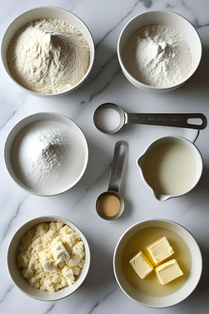 A flat lay showcasing the ingredients for homemade rolls: flour, yeast packet, sugar, salt, milk in a small pitcher, and melted butter in a bowl, arranged on a light wooden surface.
