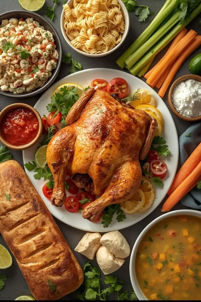 A flat lay showing a whole rotisserie chicken surrounded by ingredients for tacos, chicken salad, and soup.