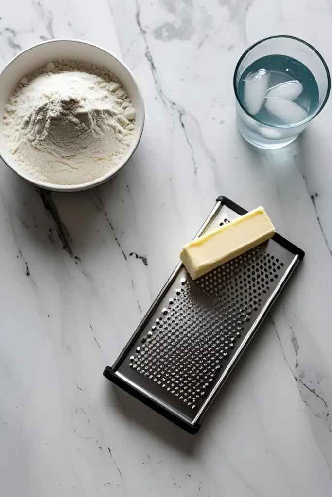 The essential ingredients for making rough puff pastry dough, highlighting the very cold butter and ice water.

