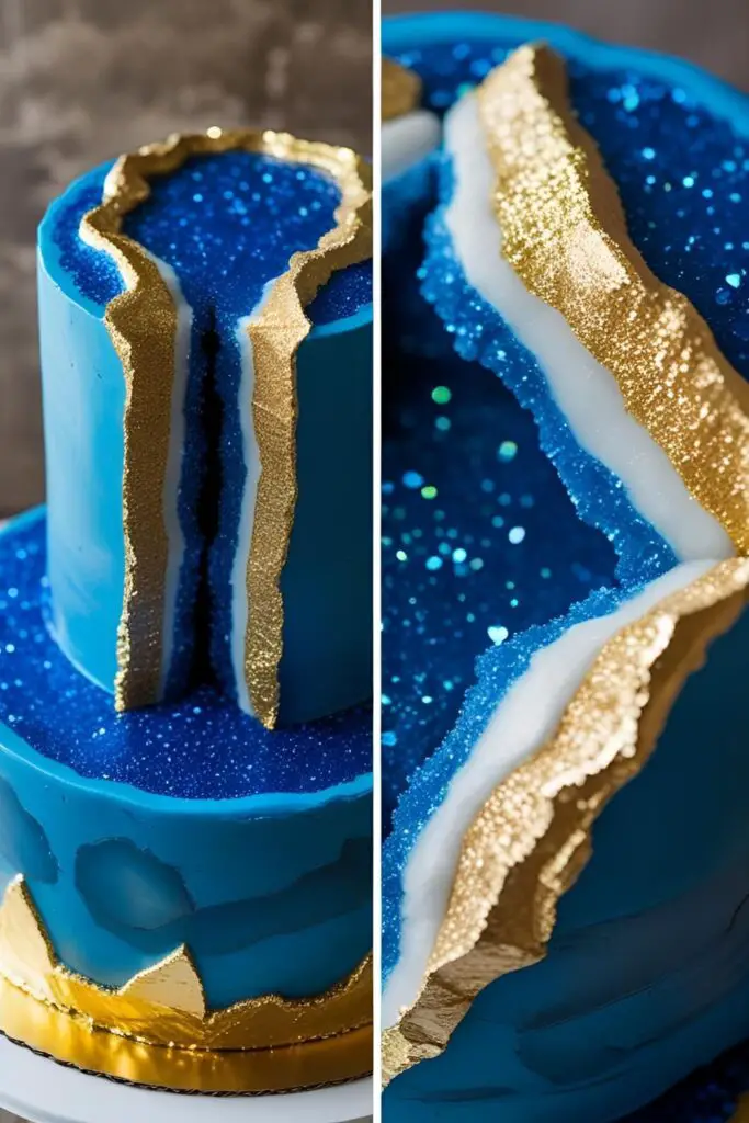 A two-panel image showing the full royal blue geode cake and a close-up detail of the sparkling rock candy and gold trench.