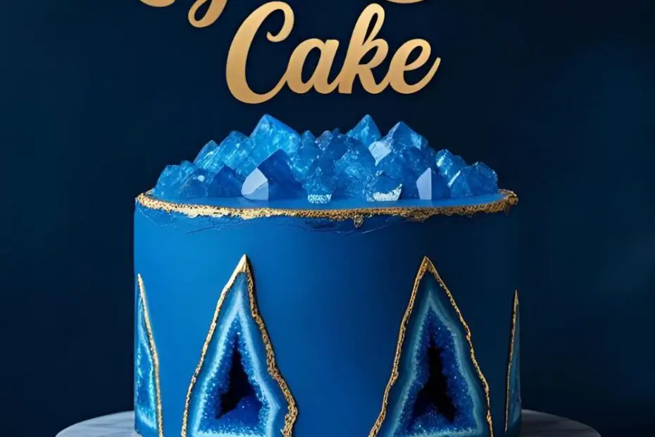 A finished royal blue geode cake on a stand with the text overlay "Stunning Royal Blue Cake.