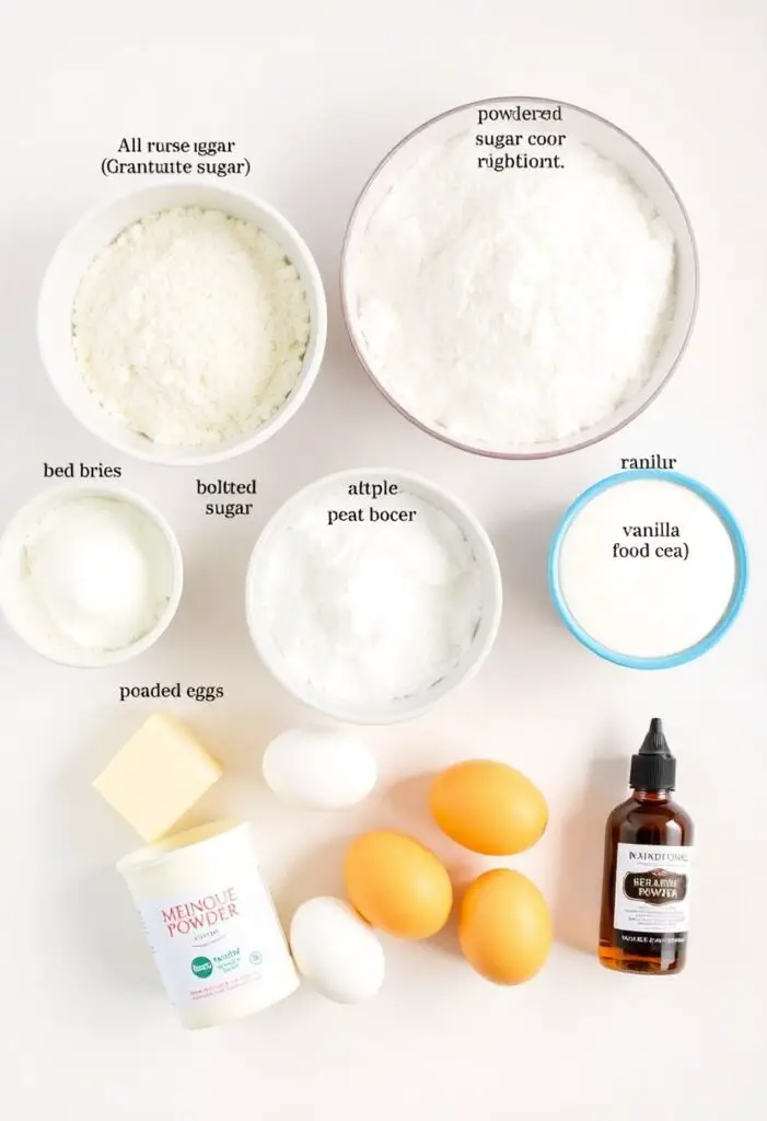 A flat lay of ingredients for making royal icing cookies at home: flour, butter, sugar, eggs, powdered sugar, meringue powder, and food coloring.