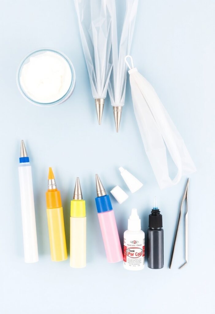 A neat flat lay collage of essential tools for royal icing cookies: a container of meringue powder, piping bags, various small piping tips, squeeze bottles, gel food colors, and a scribe tool.
