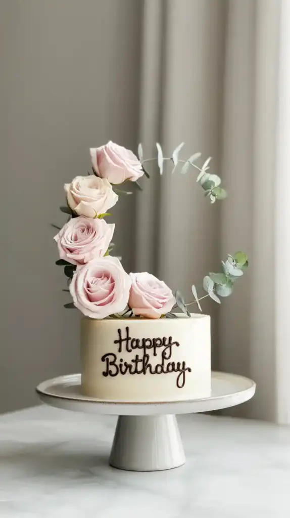 A full view of a simple floral cake decorated in a rustic, minimalist style with fresh roses and greenery on a cake stand.