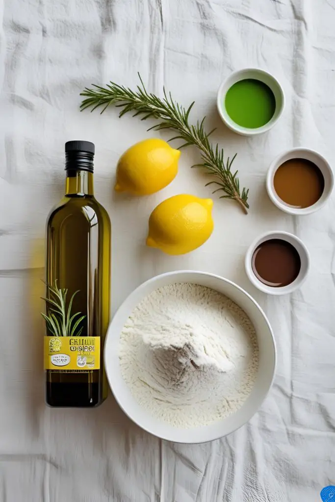 Ingredients for a sage green olive oil cake, including lemons, rosemary, and food coloring, arranged in a minimalist flat lay.