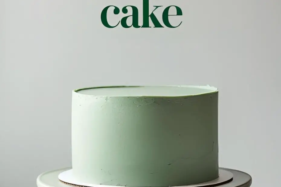 A beautiful and minimalist sage green cake decorated with a single sprig of eucalyptus on a white ceramic cake stand
