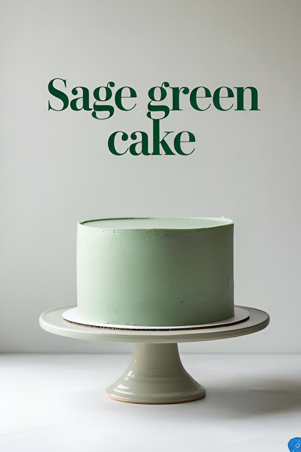 A beautiful and minimalist sage green cake decorated with a single sprig of eucalyptus on a white ceramic cake stand
