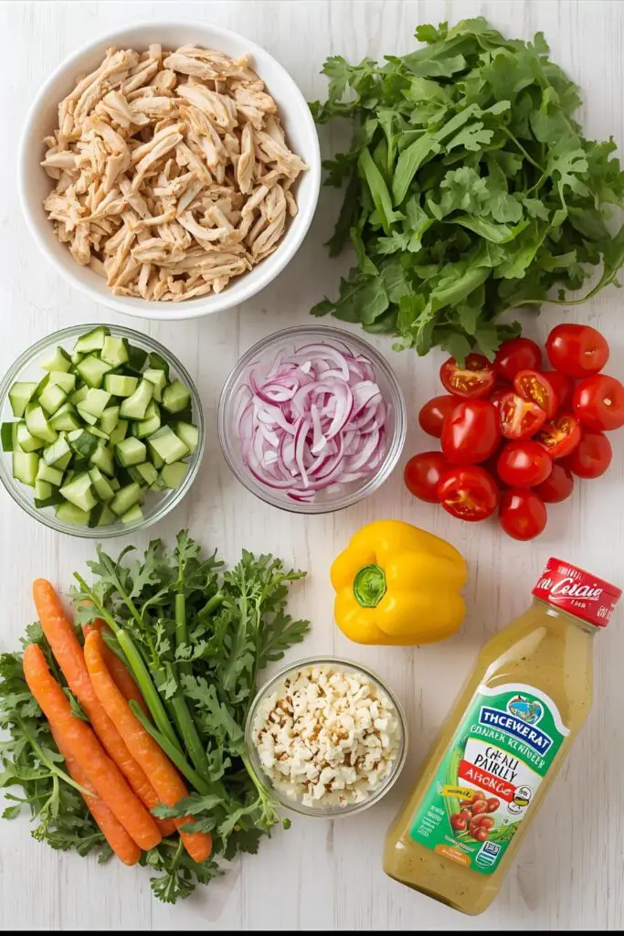 A bright and colorful flat lay of the fresh ingredients for making a chicken salad: cooked chicken, mixed greens, various chopped vegetables, nuts, cheese, and a bottle of salad dressing.