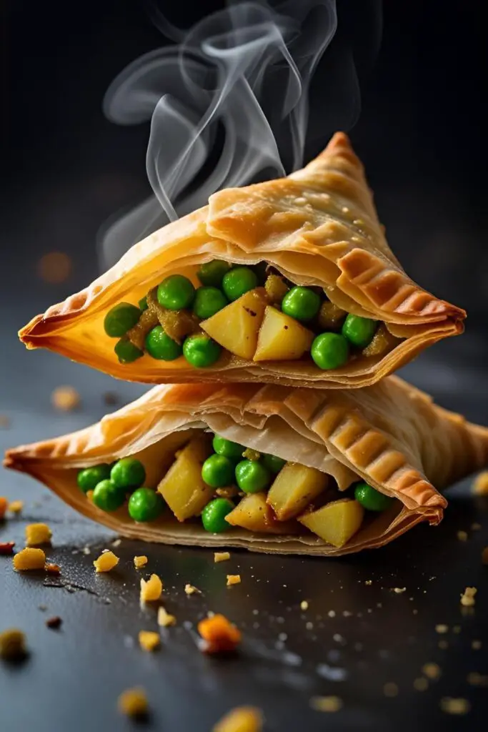 A close-up shot of a crispy samosa broken in half, revealing the steaming, textured potato and pea filling inside.