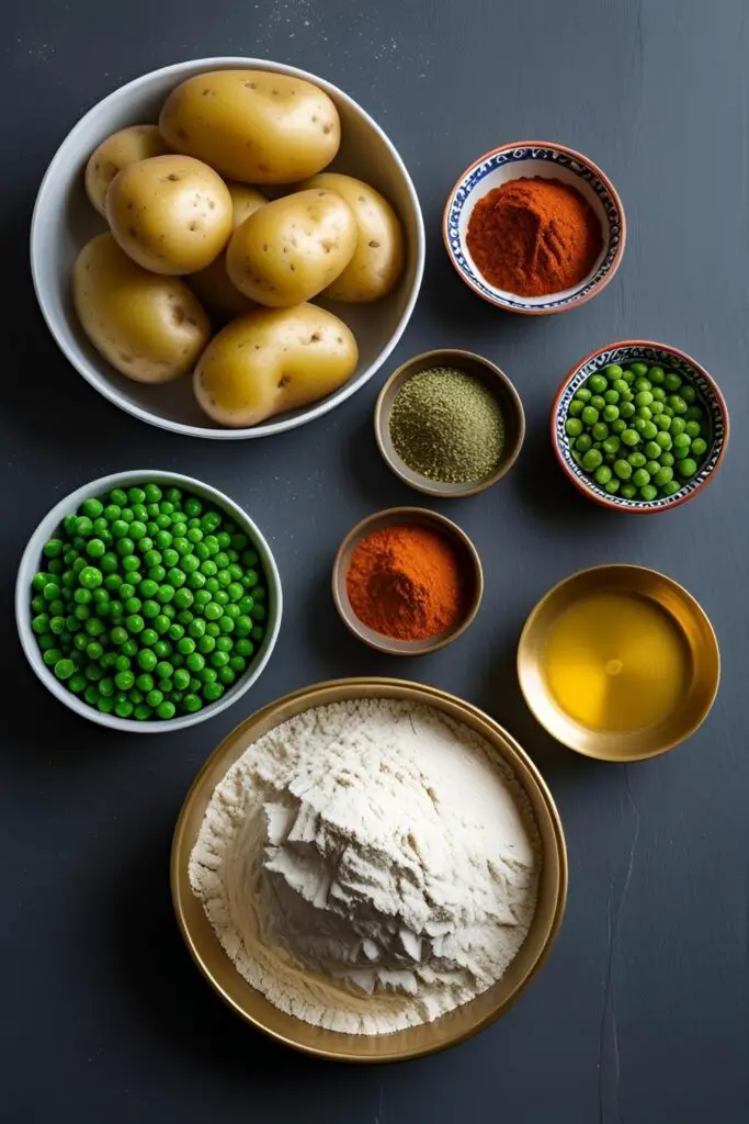 A flat lay of ingredients for making samosas, including potatoes, peas, spices in bowls, flour, and a small container of ghee.