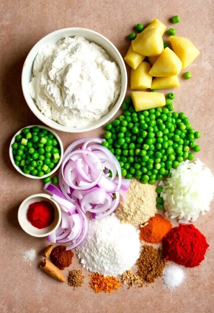 A vibrant flat lay collage of ingredients for samosas: a bowl of flour, boiled potatoes, green peas, chopped onions, and a variety of whole and ground spices on a rustic background.