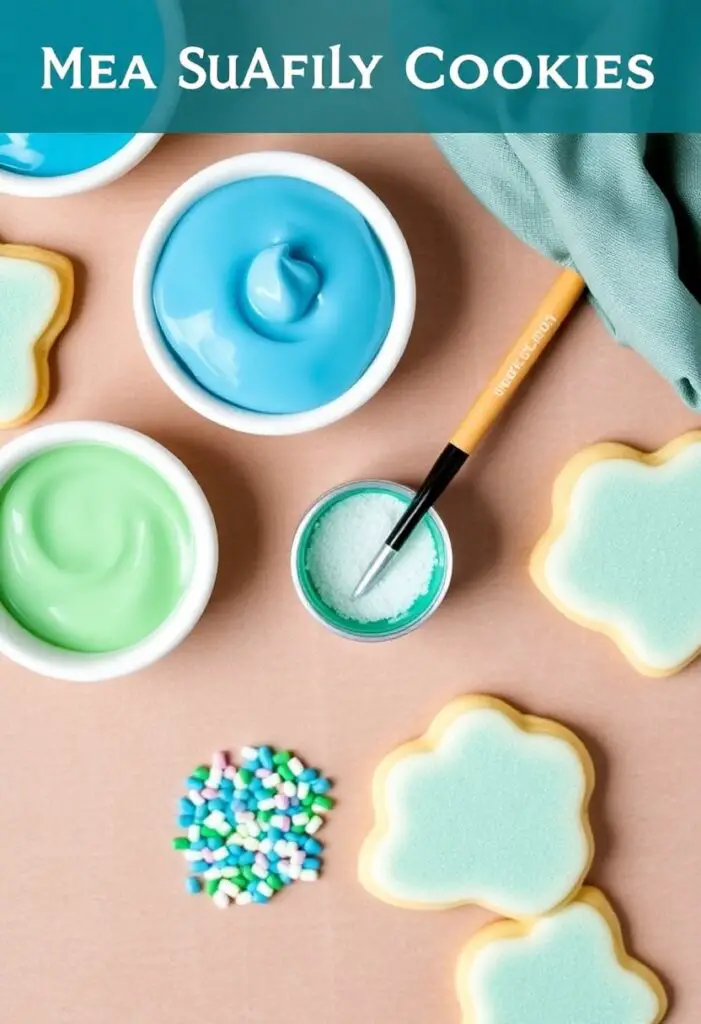 A flat lay collage of the magical decorating supplies for sea fairy cookies: small bowls of blue and green icing, a pot of edible pearl luster dust, a food-safe paintbrush, and ocean-themed sprinkles.