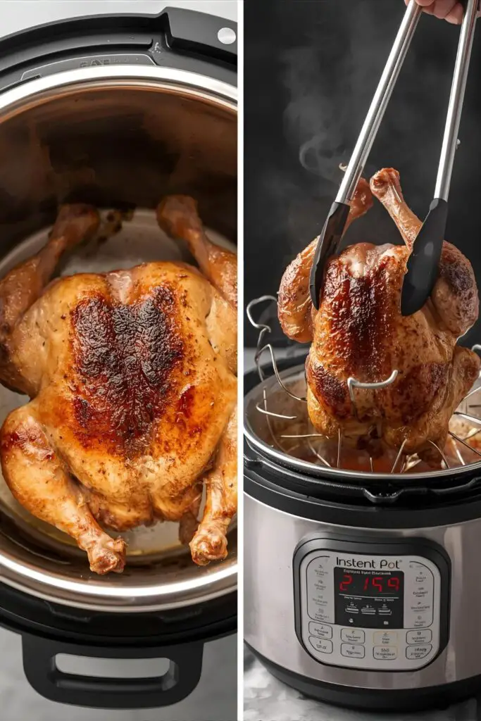 The process of making a whole chicken in the Instant Pot, from searing to the final juicy result.