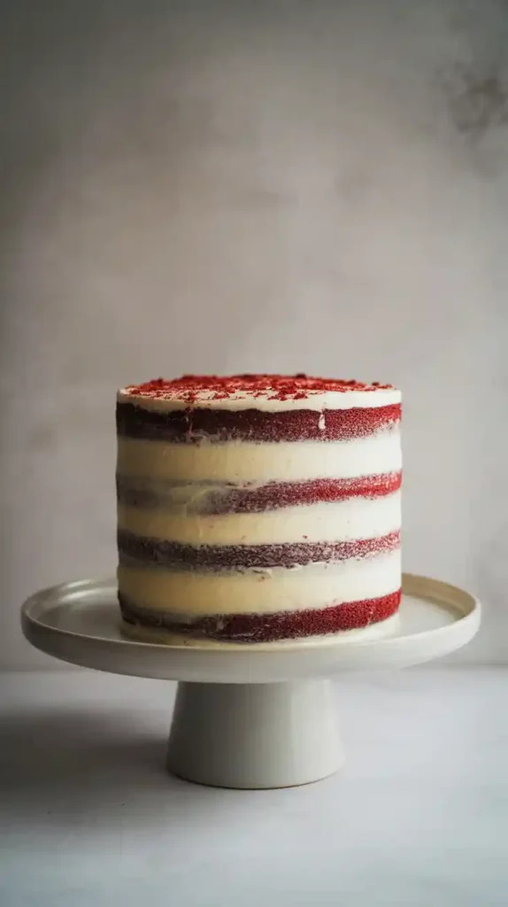 A full shot of a stunning three-layer semi-naked red velvet cake, decorated simply with a sprinkle of cake crumbs on a minimalist cake stand.