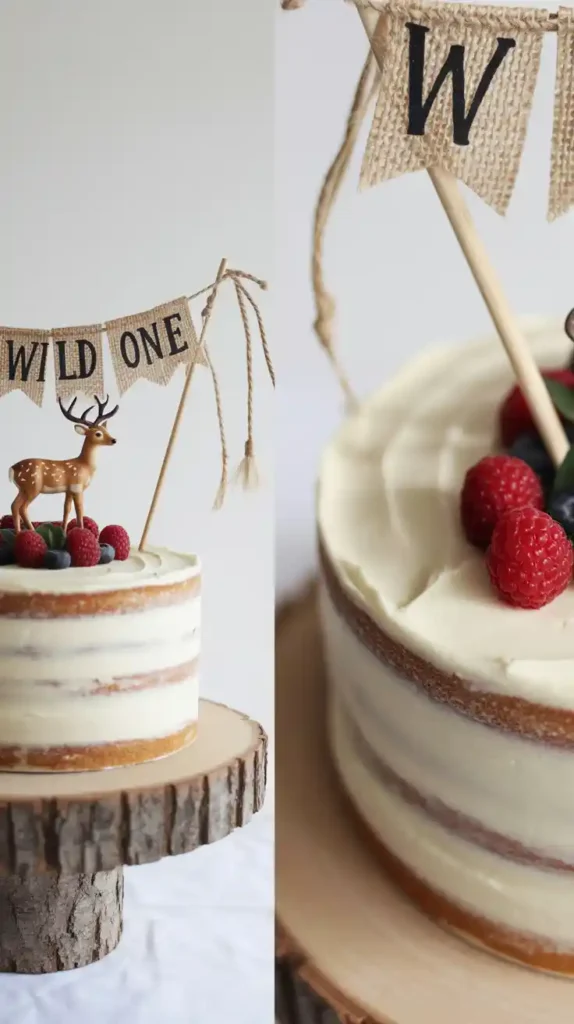 A two-panel image showing the full "Wild One" birthday cake on a wood stand and a close-up detail of the semi-naked frosting.