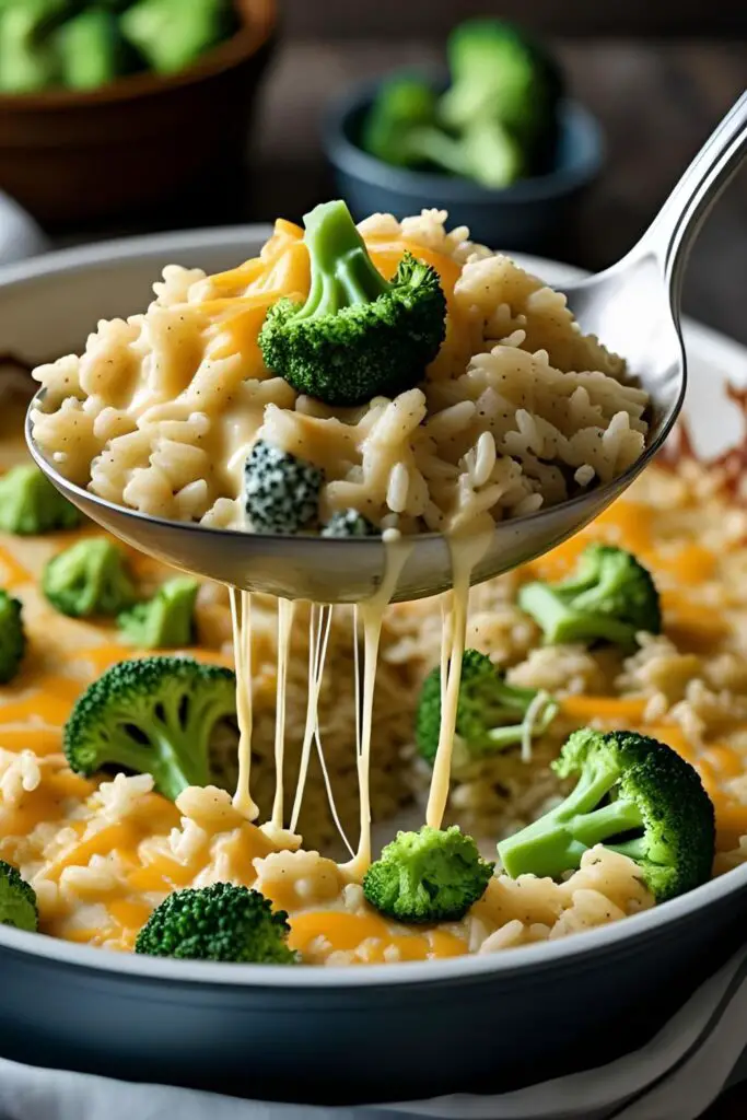 A large spoon lifting a creamy portion of broccoli cheese rice casserole from the dish, with melted cheese stretching from the spoon.