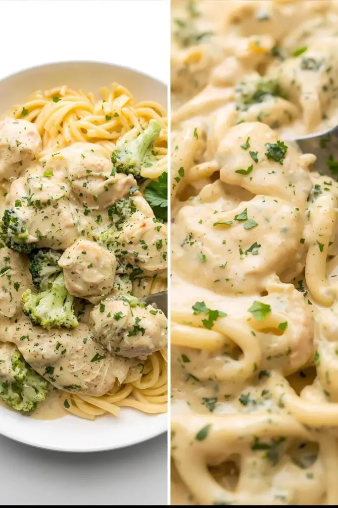 Two different views of chicken broccoli alfredo: a full plate and a close-up of the creamy sauce.