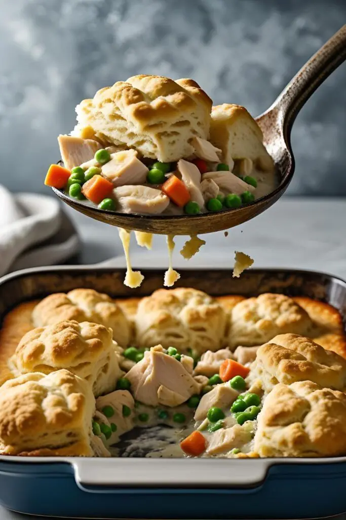 A large spoon scooping a portion of chicken cobbler casserole from the dish, showing the fluffy biscuit and the rich, creamy chicken and vegetable filling underneath.