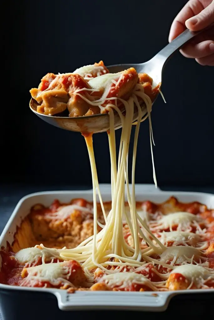  A large spoon lifting a hearty portion of chicken parmesan casserole from the dish, creating an epic cheese pull from the mozzarella