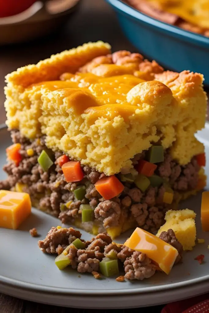 A close-up shot of a slice of cowboy cornbread casserole, showing the layers of savory beef and vegetables under the golden-brown, cheesy cornbread topping.