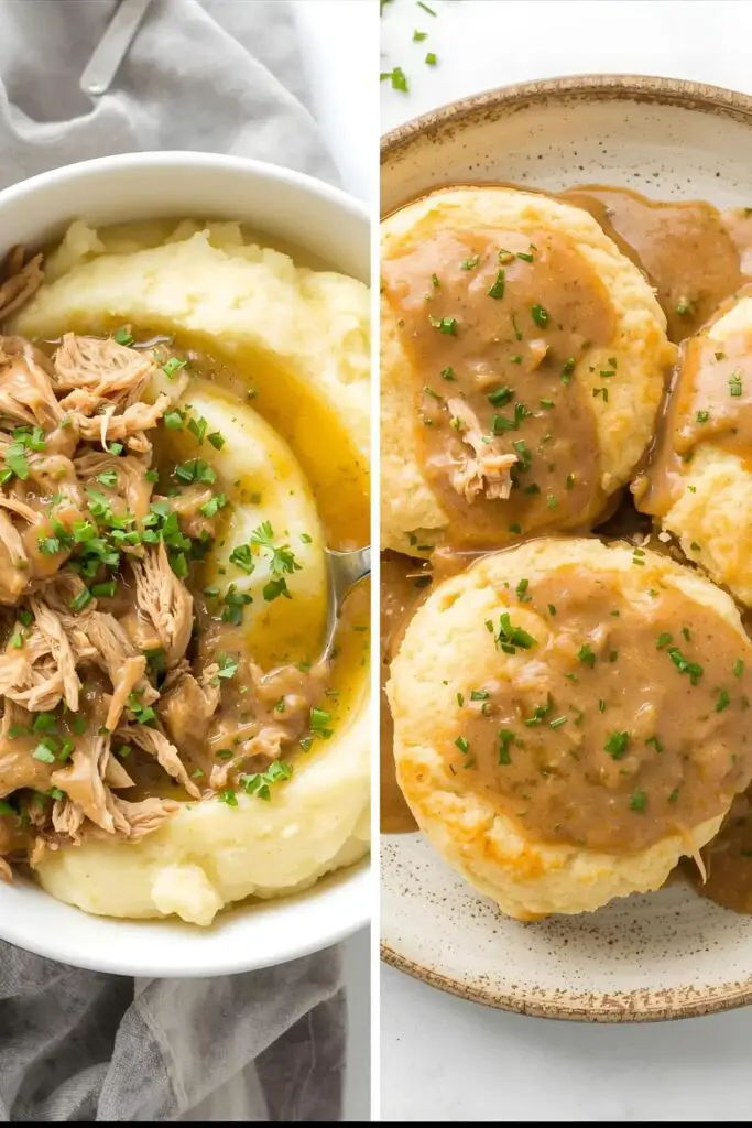 Two different serving suggestions for crockpot chicken and gravy: over mashed potatoes and over biscuits.