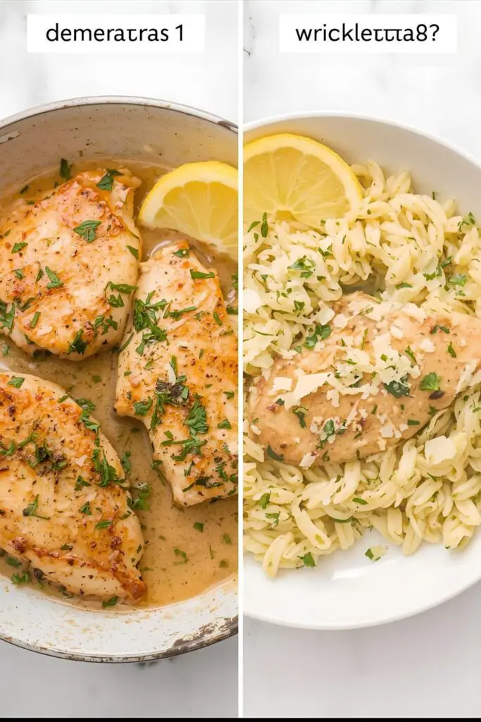 Two different presentations of lemon chicken orzo: one garnished simply with parsley, the other with Parmesan and lemon wedges.