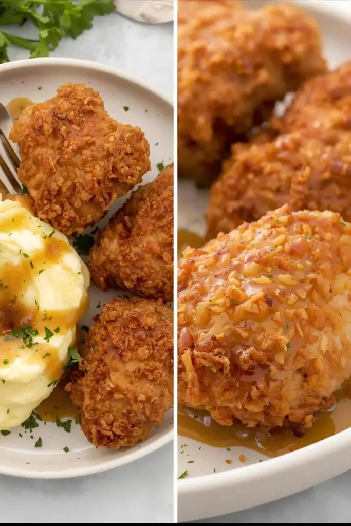 Two different servings of oven fried chicken: on a plate with mashed potatoes and gravy, and close-up showing the crispy skin