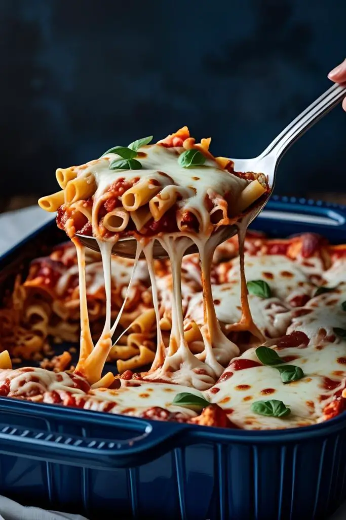 A serving spoon scooping a generous portion of pizza casserole from a baking dish, with melted cheese stretching.