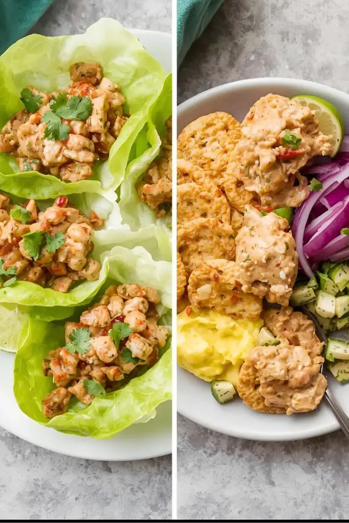Two different serving suggestions for southwest chicken salad: in lettuce wraps and on crackers.