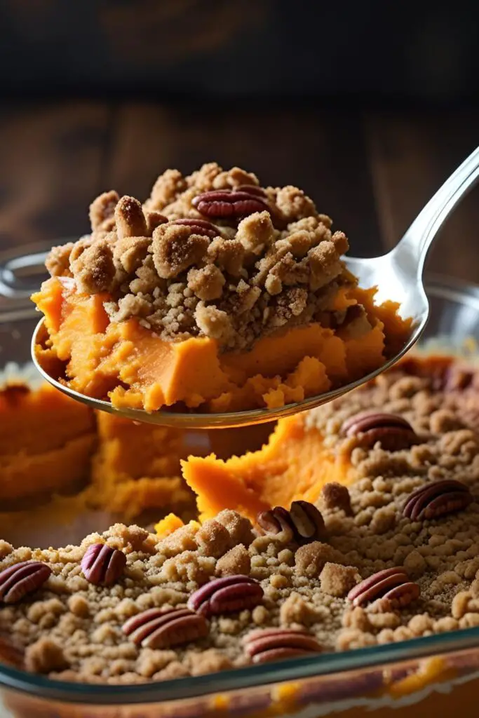 A silver serving spoon lifting a scoop of sweet potatoes casserole from the dish, showing the contrast between the creamy filling and the crunchy pecan topping.