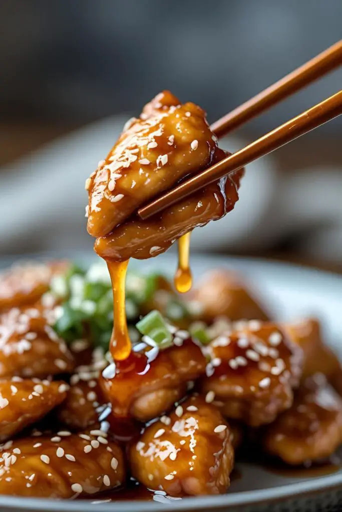 A close-up action shot of a piece of sesame chicken held by chopsticks, dripping with glossy sauce.