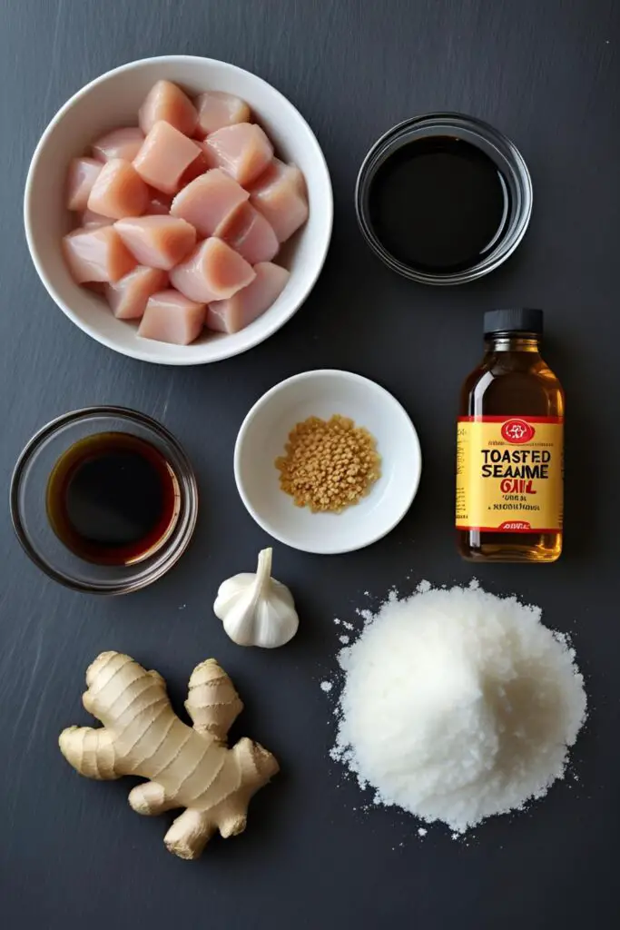 A flat lay of all the ingredients needed for the sesame chicken recipe, including chicken, soy sauce, honey, and sesame oil.