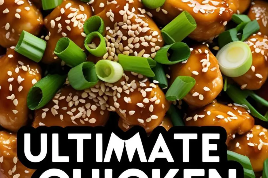 A bowl of crispy homemade sesame chicken with a text overlay that reads "Ultimate Sesame Chicken Recipe."