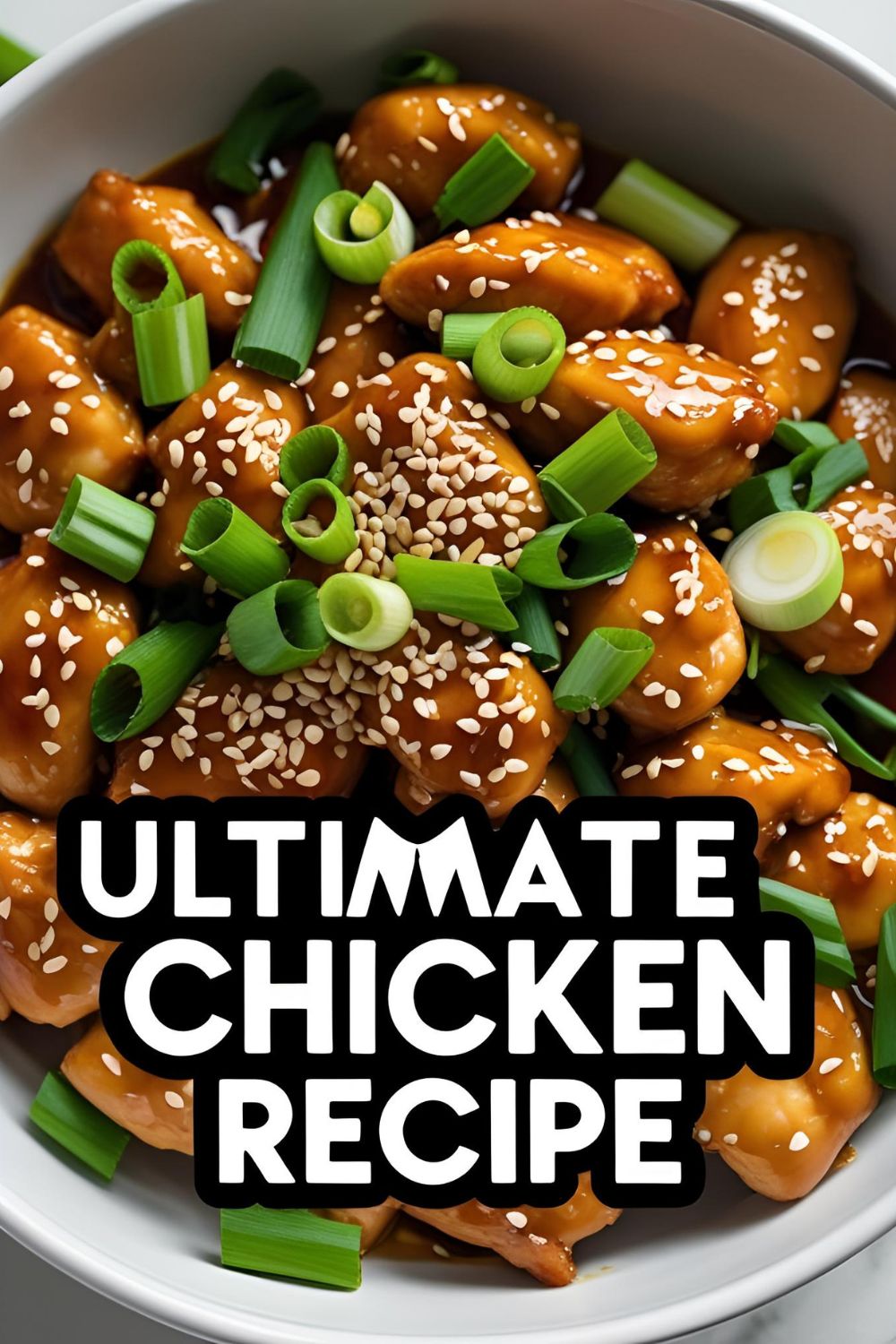 A bowl of crispy homemade sesame chicken with a text overlay that reads "Ultimate Sesame Chicken Recipe."