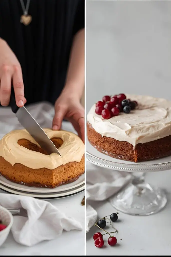 The process of shaping a heart cake from round layers and a close-up of the beautifully decorated final product.