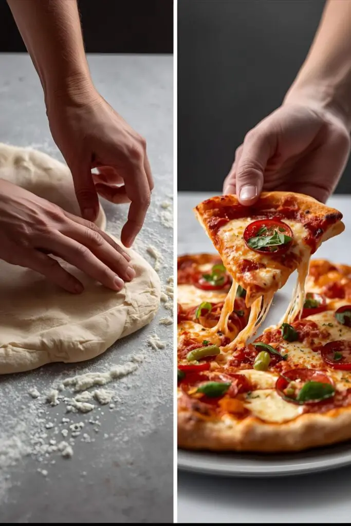 The process of shaping homemade pizza dough and a tempting close-up of a delicious slice of the finished pizza.