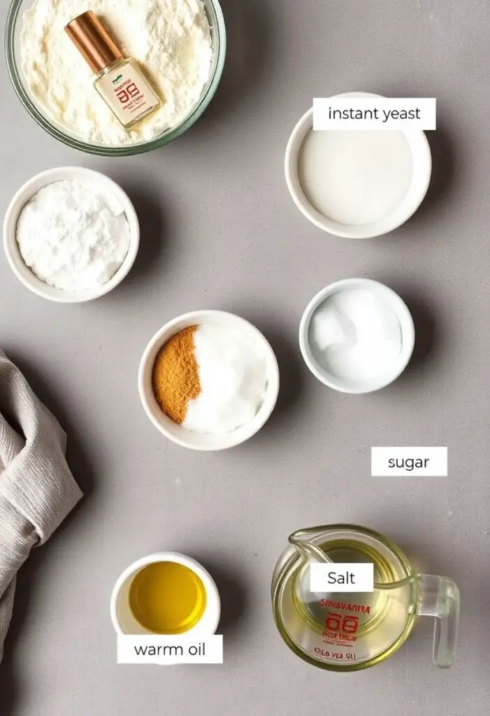 neat flat lay collage of shawarma bread ingredients: a bowl of flour, a small bowl of instant yeast, sugar, salt, a bottle of olive oil, and a measuring cup of warm water.