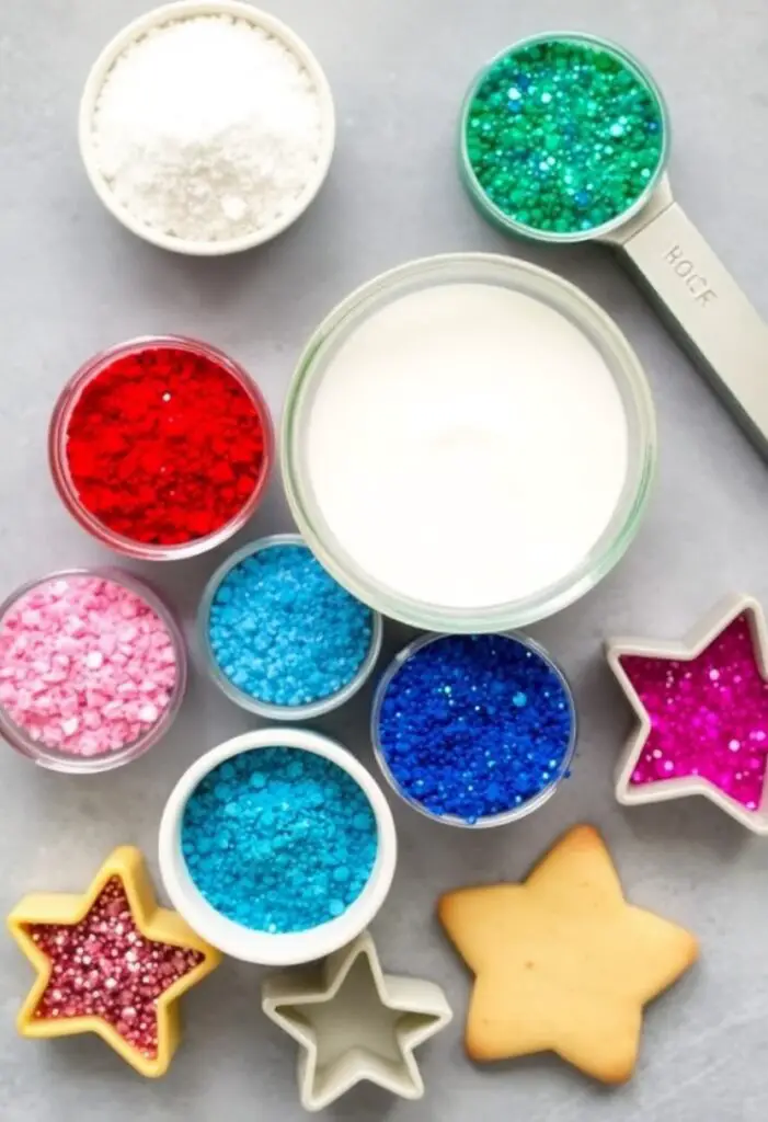 A fun flat lay collage of ingredients and tools for shining glitter cookies: several small pots of colorful edible glitter and sanding sugar, a bowl of glaze, and star-shaped cookie cutters.