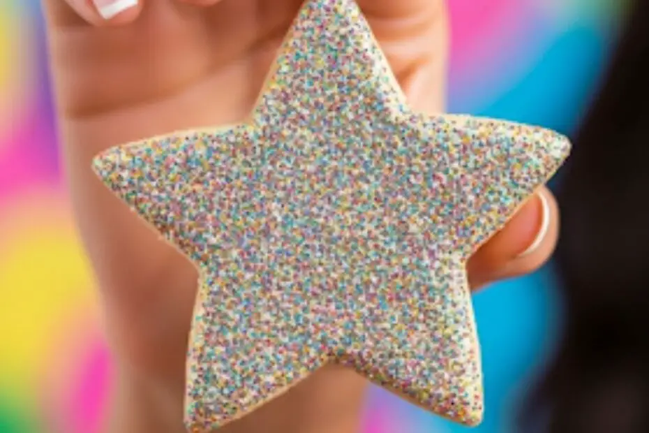 Text overlay "The Shining Glitter Cookie" on a glamorous, sparkling image of a star-shaped sugar cookie completely covered in vibrant pink and gold edible glitter.