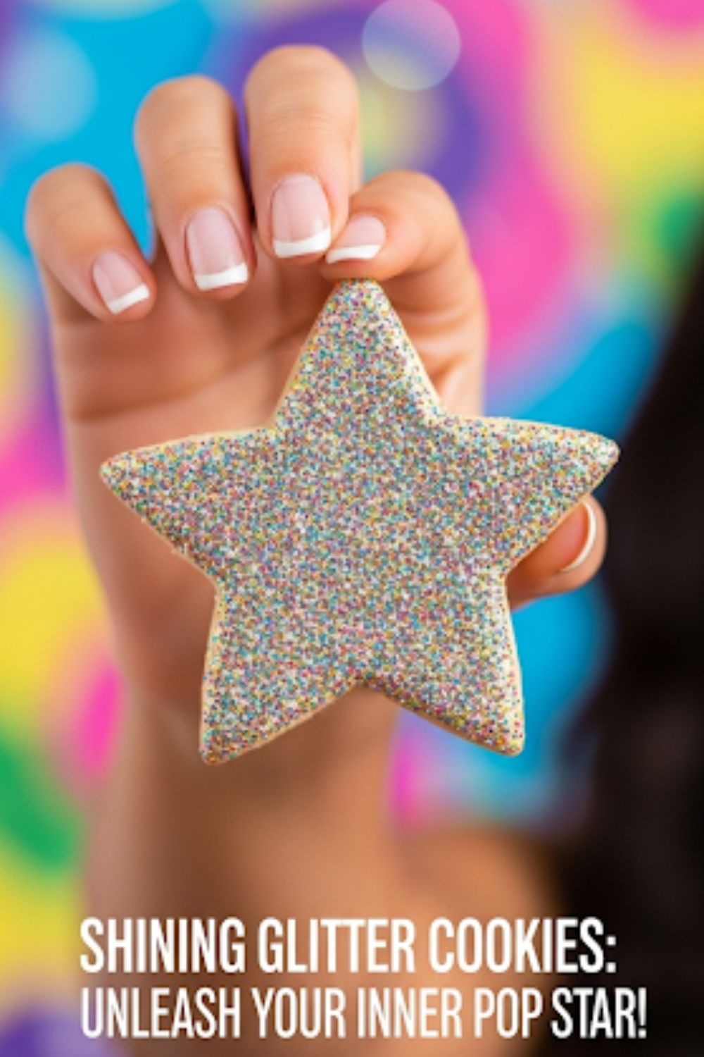 Text overlay "The Shining Glitter Cookie" on a glamorous, sparkling image of a star-shaped sugar cookie completely covered in vibrant pink and gold edible glitter.