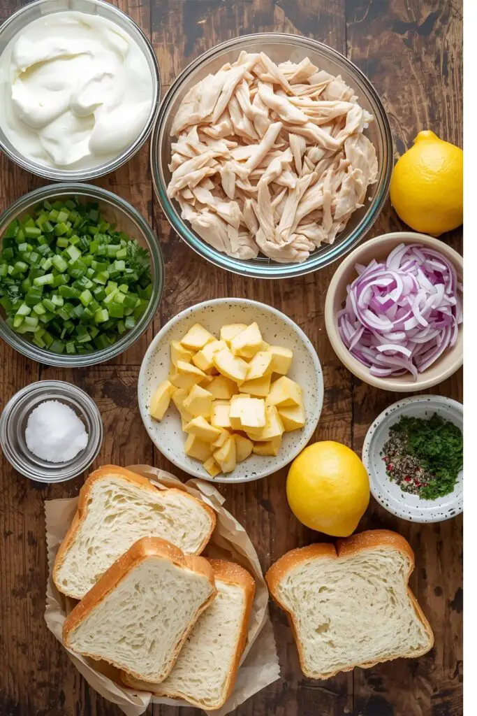 Ingredients for making shredded chicken sandwiches.