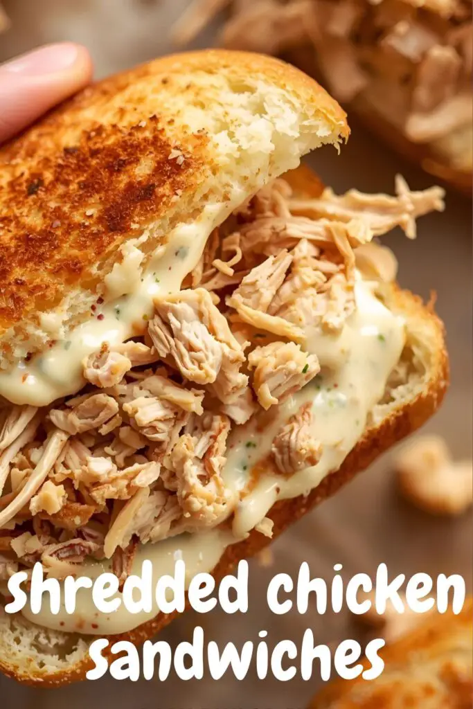 Close-up of creamy shredded chicken salad filling