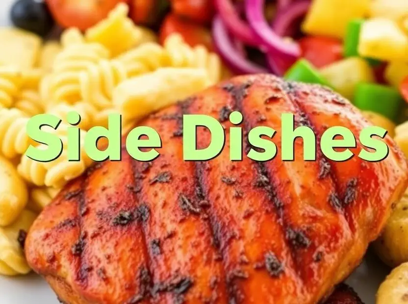 A plate with grilled chicken and various side dishes with the text overlay "Side Dishes for Chicken."