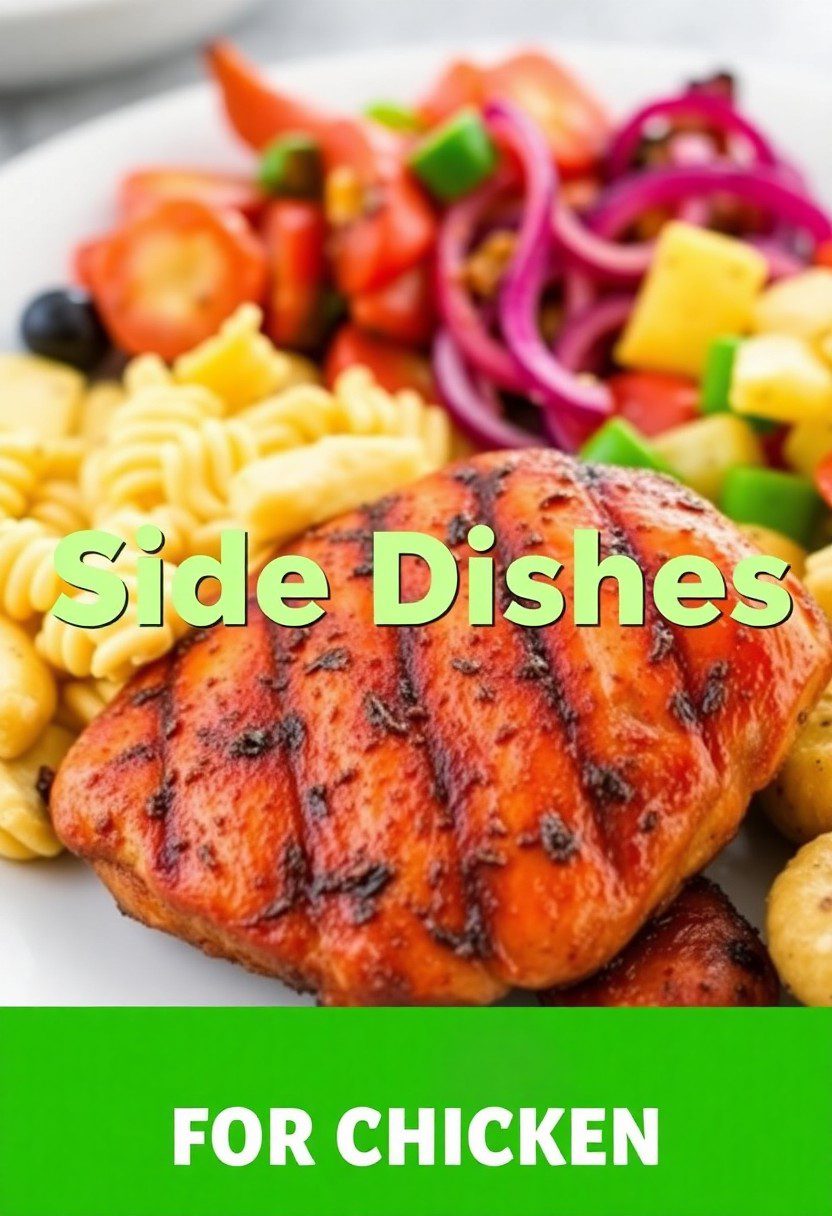 A plate with grilled chicken and various side dishes with the text overlay "Side Dishes for Chicken."