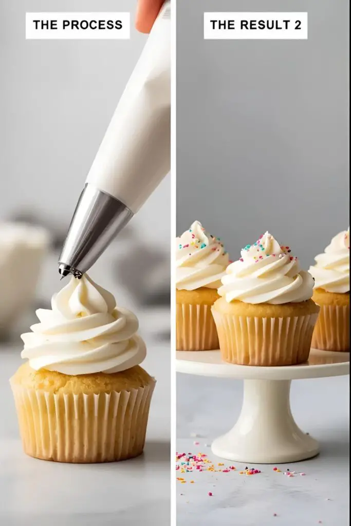 A close-up of perfectly smooth buttercream being piped onto a cupcake, next to a display of beautifully frosted cupcakes.