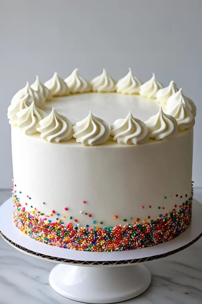  A beautifully decorated yet simple cake for beginners, with a smooth white buttercream finish and a colorful sprinkle border.