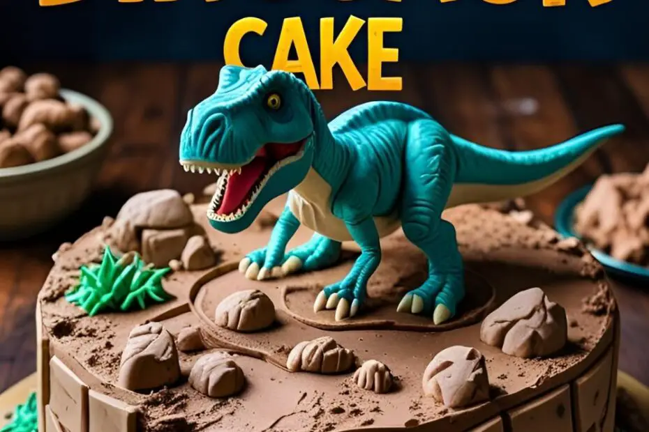 A fun and simple dinosaur birthday cake decorated with chocolate cookie dirt, chocolate rocks, and a toy T-Rex.